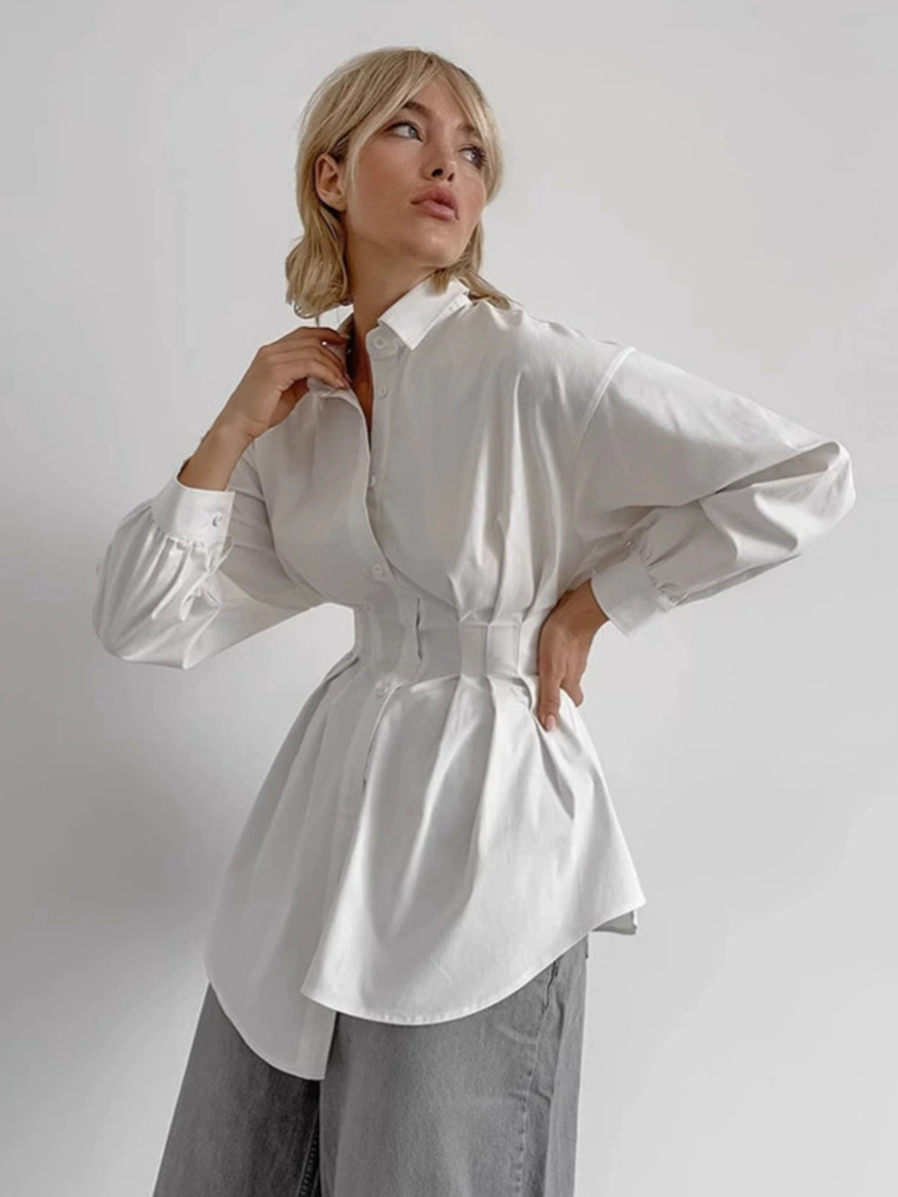 Forever 21 Slim Fit Pleated Waist Long White Shirt Spring Layering - Picture 2 of 6